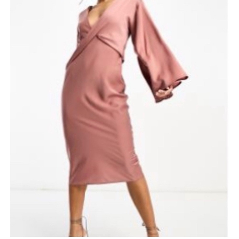 ASOS DESIGN Satin Cowl Back Midi Dress Rose Pink Kimono Sleeve US 4